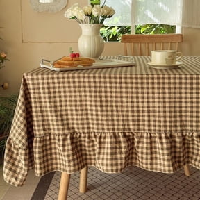 Tan Plaid Gingham Ruffled Tablecloth Rectangle, Washed Cotton Blended Checkered Table Cover for Dining Room or Kitchen, Fits 4-6 Seater Table 52"x 70"