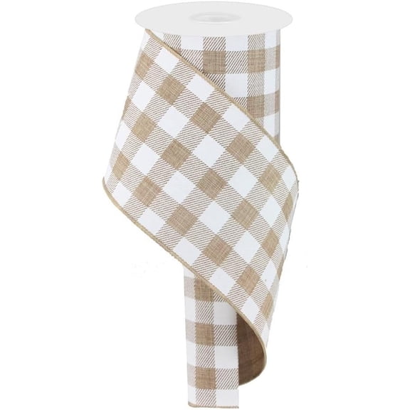 Tan Plaid Wired Edge Ribbon - 4 Inch x 10 Yards, Buffalo Plaid, Thanksgiving, Fall, Wreath, Christmas, Wedding