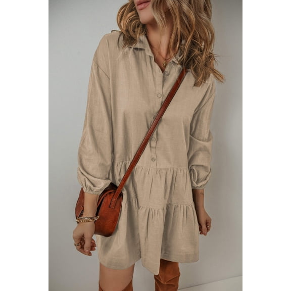 I AM A FASHION JUNKY Tan Puff Sleeve Buttoned Tiered Pleated Shirt Mini Dress