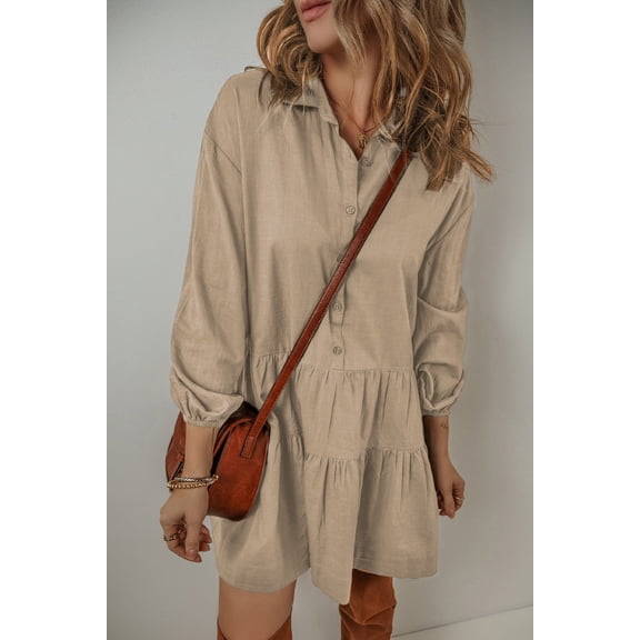 Tan Puff Sleeve Buttoned Tiered Pleated Shirt Mini Dress
