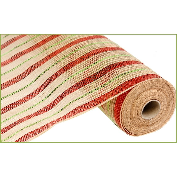 Tan, Red and Lime Stripe Deco Poly Mesh, 21 inches x 10 yards