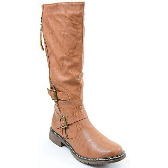 Tan Riding Double Ankle Strap Knee-high Women's Vegan Biker Boots (9 B(M) US)