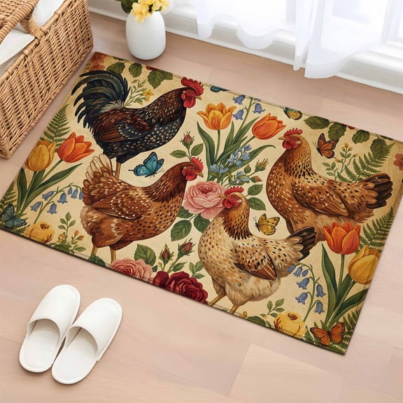 Tan Rooster Floral Entryway Rug 2'x3' Non Slip Front Door Mats, Farmhouse Spring Flowers Butterflies Entrance Rugs Indoor Outdoor Carpet, Washable Floor Mats Small Area Rug for Bedroom Kitchen