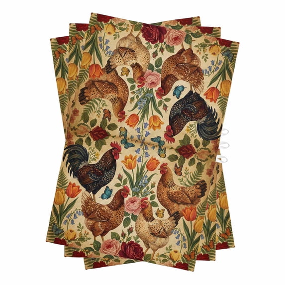 Tan Rooster Floral Kitchen Towels Set of 3, Water Absorbent Dish Towel, Farmhouse Spring Flowers Butterflies Decorative Hand Towels - Quick Drying Cloth for Cooking Baking, 18x28 Inch