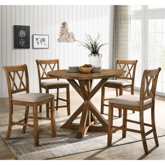 Tan Rubberwood 5-Piece Round Counter Height Dining Set / Ideal for Family Dinners in Dining Room