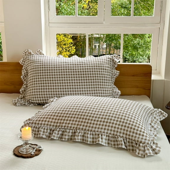 Tan Ruffled Plaid Gingham Pillow Shams 20"x26", Set of 2 Taupe Checked Pre-Washed Microfiber Farmhouse Pillowcases for Bed/Sofa (20"x26", Tan Gingham)