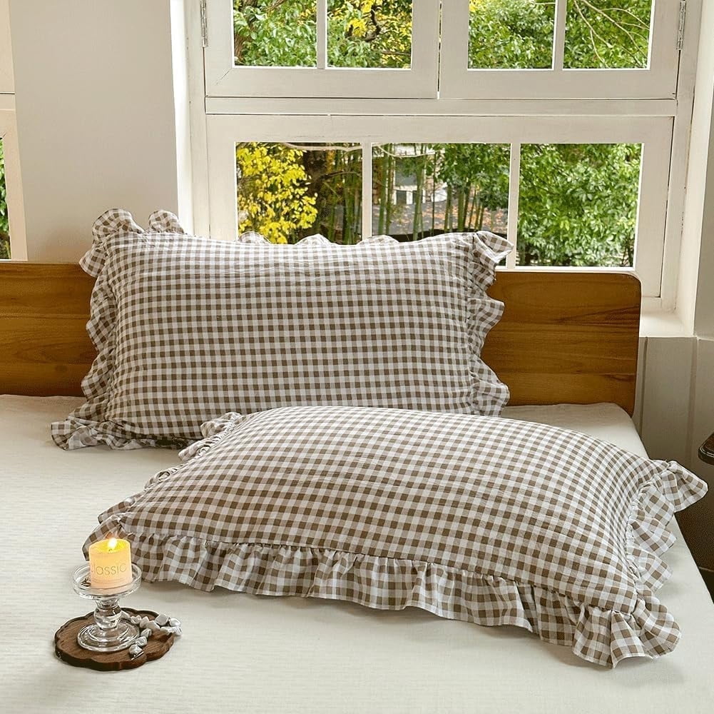 Tan Ruffled Plaid Gingham Pillow Shams 20