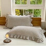 Tan Ruffled Plaid Gingham Pillow Shams 20"x30", Set of 2 Taupe Checked Pre-Washed Microfiber Farmhouse Pillowcases for Bed/Sofa (20"x30", Tan Gingham)