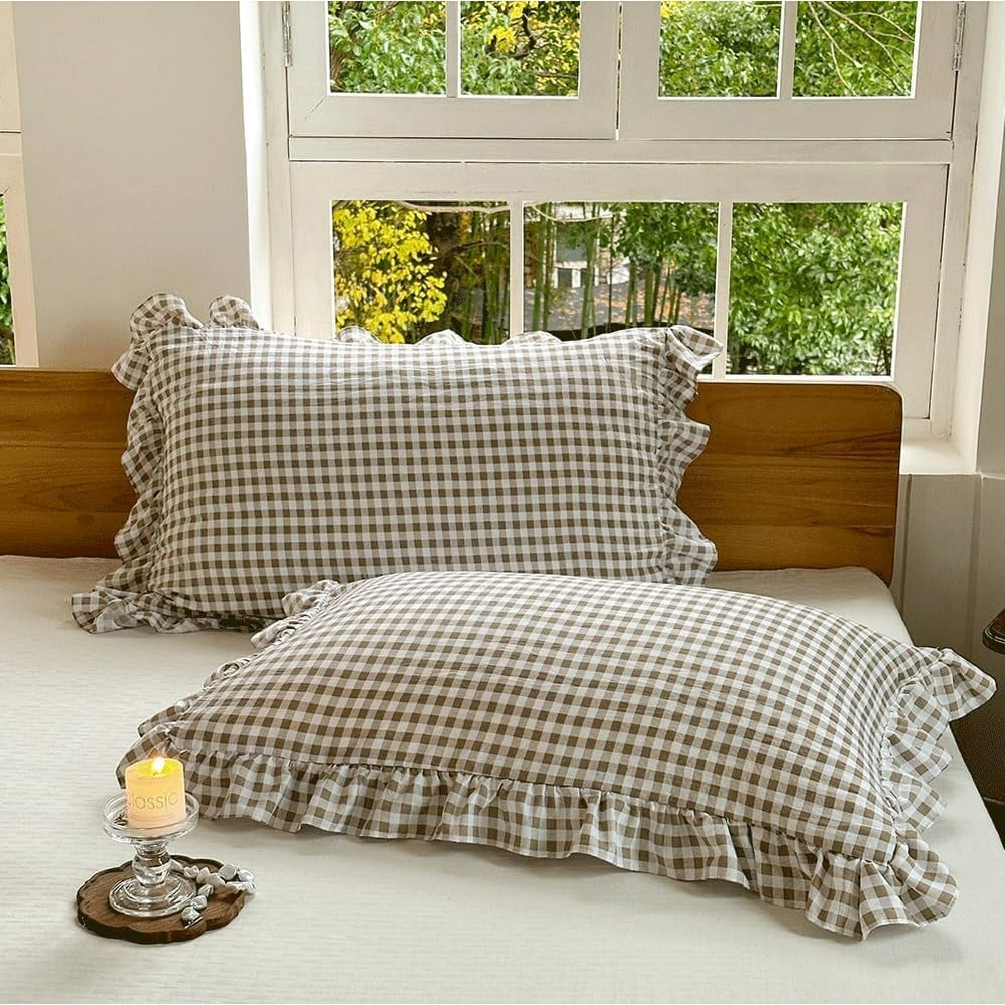 Tan Ruffled Plaid Gingham Pillow Shams 20"x30", Set of 2 Taupe Checked Pre-Washed Microfiber Farmhouse Pillowcases for Bed/Sofa (20"x30", Tan Gingham)