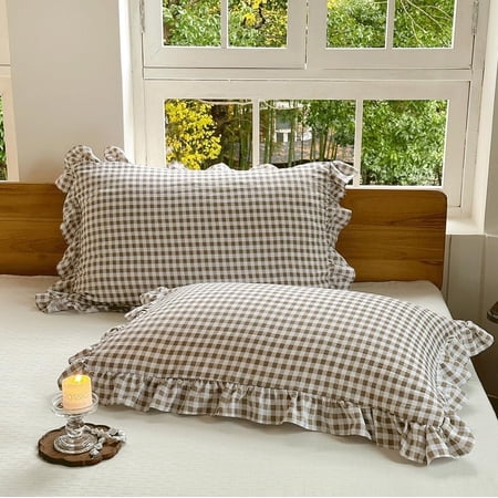 Tan Ruffled Plaid Gingham Pillow Shams 20"x30", Set of 2 Taupe Checked Pre-Washed Microfiber Farmhouse Pillowcases for Bed/Sofa (20"x30", Tan Gingham)
