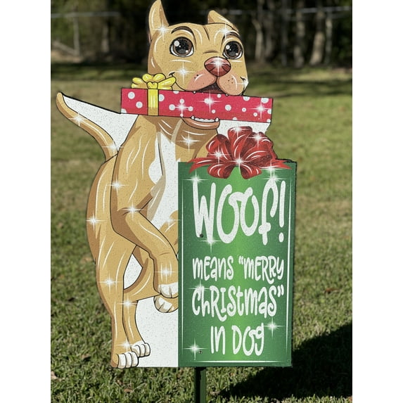 Tan Running Dog with a Present in the Mouth with Christmas Present Outdoor Decoration
