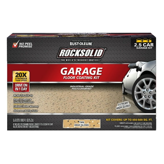 Tan, Rust-Oleum RockSolid Garage Floor Coating Kit-293515, High Gloss 2.5-Car,180 oz Kit, 1 Pack