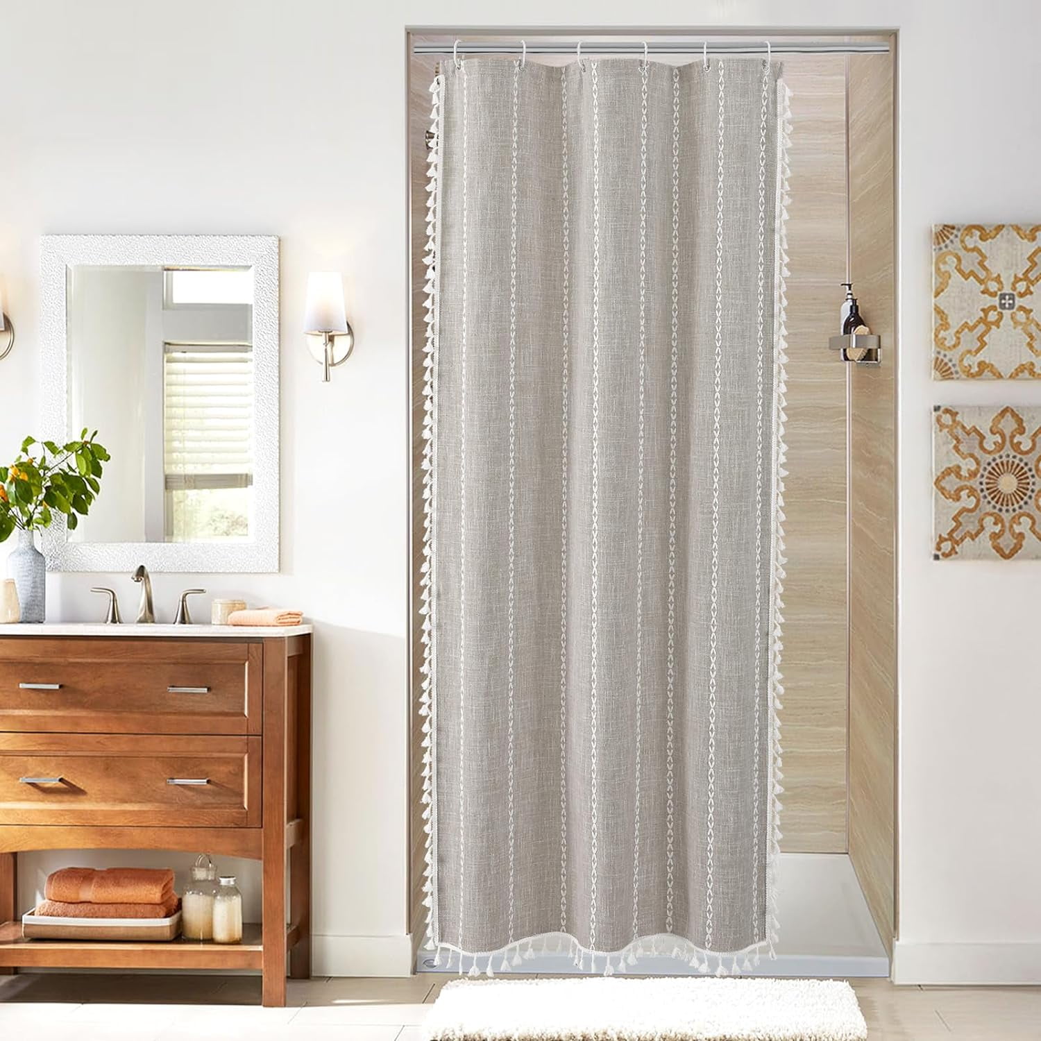 Tan Small Stall Shower Curtain 36 x 72, Taupe Half Size Narrow Cotton Linen Fabric Shower ...
