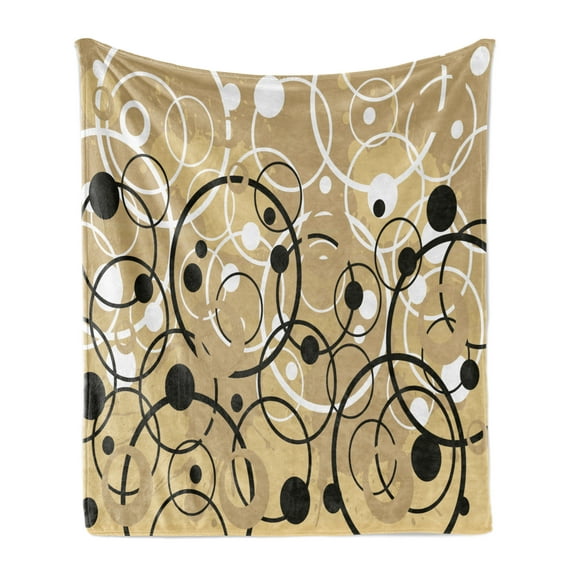 Tan Soft Flannel Fleece Throw Blanket, Funky Grungy Composition with Circles and Dots Retro Imaginative Print, Cozy Plush for Indoor and Outdoor Use, 70" x 90", Black White Tan, by Ambesonne