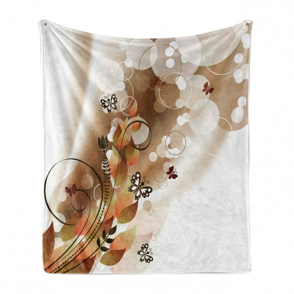 Tan Soft Flannel Fleece Throw Blanket, Spring Themed Abstraction Butterflies Flower Petals and Tulip Leaves, Cozy Plush for Indoor and Outdoor Use, 60" x 80", Dark Brown Brown White, by Ambesonne