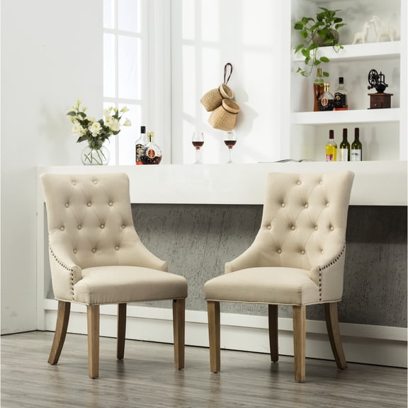 Tan Solid Wood Base - Button Tufted Comfort Feature - Family Dinner Time - Provides Relaxed Seating Set of 2