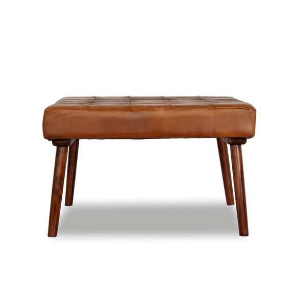 Tan Square Leather With Wood Legs And Frame, Mid-century In Tan, Solid Construction