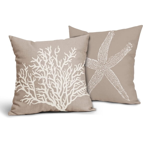 Tan Starfish Throw Pillow Covers 20x20 Inch Set of 2 Coastal Coral Beach Nautical Pillow Covers Summer Farmhouse Pillowscase Linen Square Cushion Covers for Sofa Couch Bedroom Home Decoration