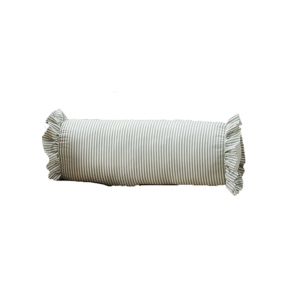 Tan Striped Bolster Pillow with Ruffled Edges - Cylindrical Neck Roll Support Pillow for Bed, Sofa, & Decor