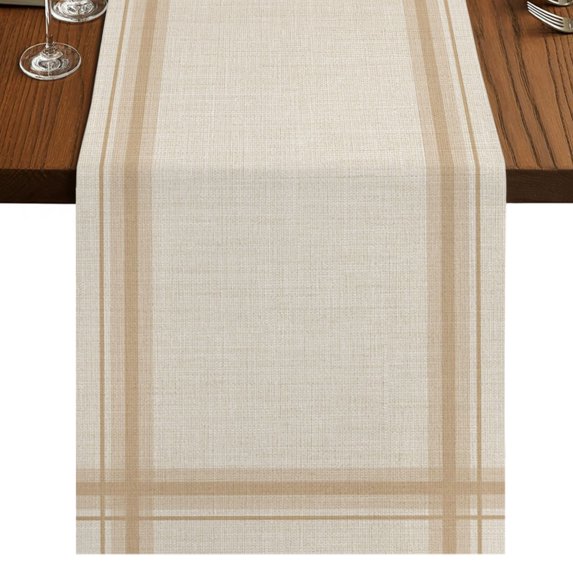 Tan Stripes Burlap Cotton Table Runner 13x70 Inches Long, Modern Minimalist Lines Grid Beige Farmhouse Table Runners, Outdoor Dining Tablecloths Decor for Baby Shower/Party/Wedding