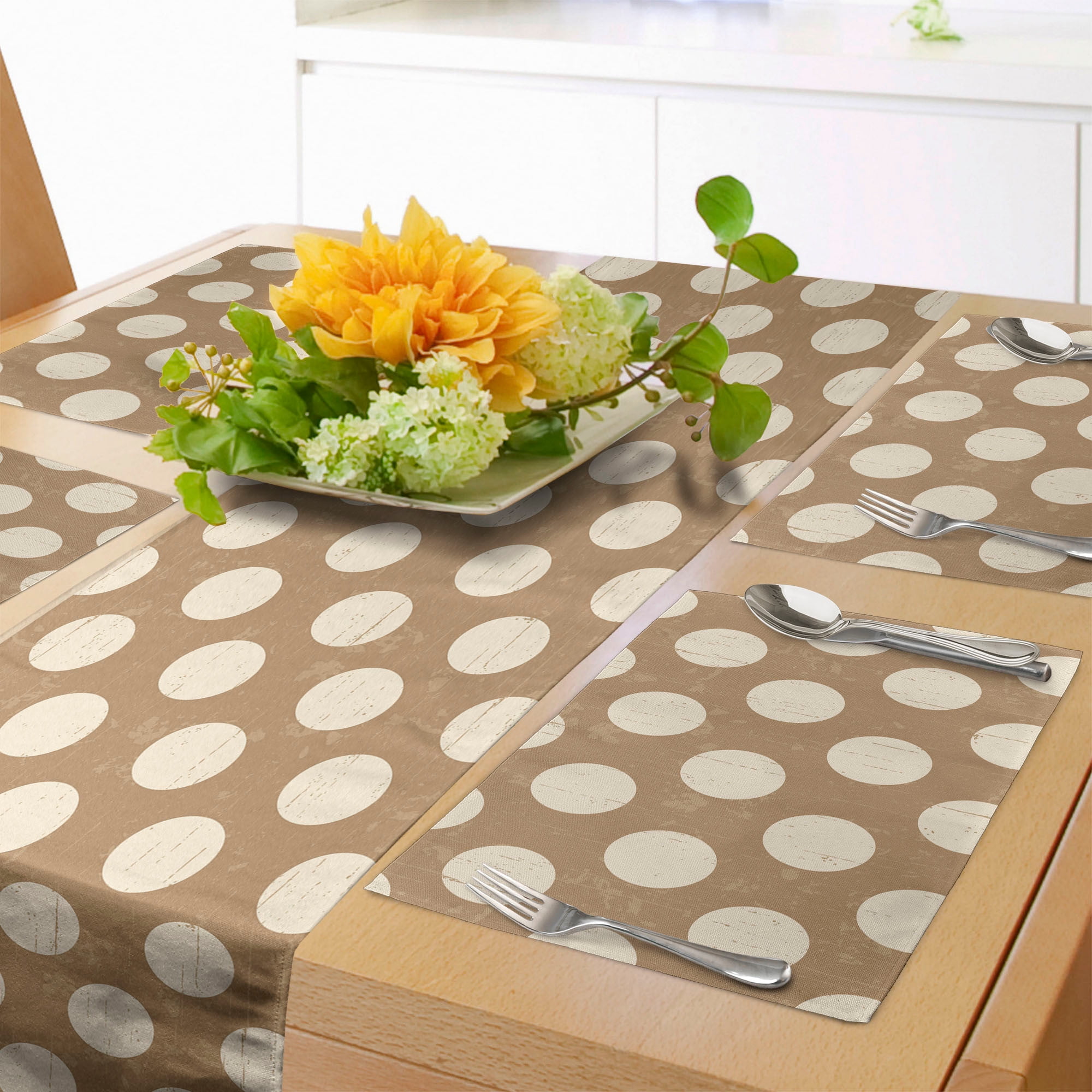 Tan Table Runner & Placemats, Big Polka Dots on Grunge Backdrop Off White Shabby Simple Old