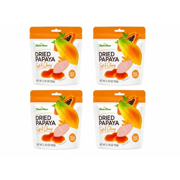 Tan Tan Dried Papaya Soft & Chewy Snack, 1.76 oz Bags, 4-Pack, Sweet Tropical Dried Fruit, Ready-to-Eat Snack