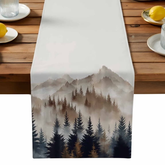 Tan Trees Forest Cotton Linen Table Runner for Dining Kitchen, Mountain Woods Natural Scenery Wedding Outdoor Party Tablerunners Decoration, Dresser Scarf Coffee Tablecloth Runners 13x48 Inches