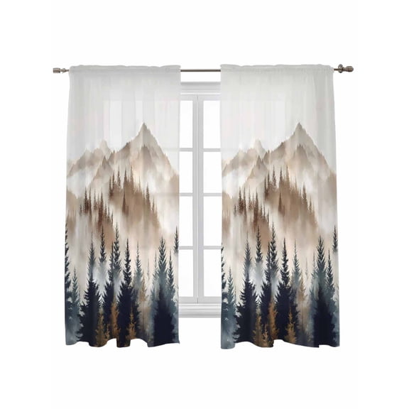 Tan Trees Forest Curtains 63 Inch Length, Sheer Curtains for Bedroom Living Room Window Mountain Woods Natural Scenery Rod Pocket Voile Drapes Kitchen Curtains Small Half Window 42"x63" 2 Panels