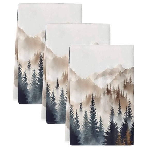 Tan Trees Forest Kitchen Towels Set of 3, Mountain Woods Natural Scenery Soft Microfiber Dish Towels, Absorbent Quick-Dry Washable Dishcloths for Kitchen Cleaning, Drying Dishes, 18x28 Inches