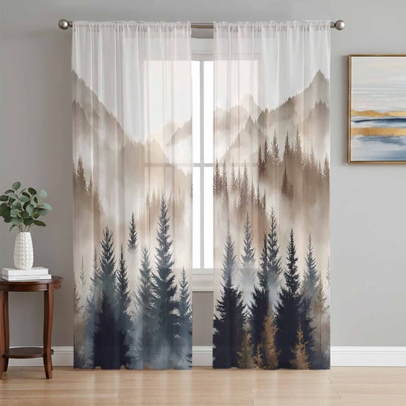 Tan Trees Forest Semi Sheer Window Curtains 63 Inches Long, Mountain Woods Natural Scenery Rod Pocket Voile Silky Chiffon Curtain Light Filtering Drapes for Living Room, Kitchen, 52"x63", 2 Panels