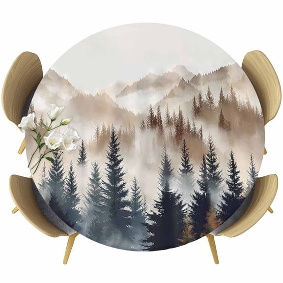 Tan Trees Forest Table Cloth, Round Fitted Tablecloths with Elastic Edge, Mountain Woods Natural Scenery Wipeable Waterproof Table Cover for Kitchen Wedding 55-60 Inches