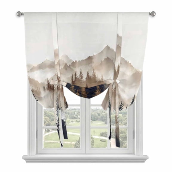 Tan Trees Forest Tie Up Curtains for Windows, Adjustable Rod Pocket Valance Shade, Mountain Woods Natural Scenery Light Filtering Window Treatment for Kitchen Bedroom Living Room 34"x 45"