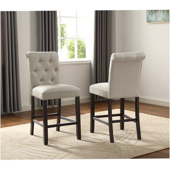 Tan Tufted Counter Height Stool Set of 2, Upholstered Fabric Bar Stools with Wooden Legs for Kitchen Island Dining