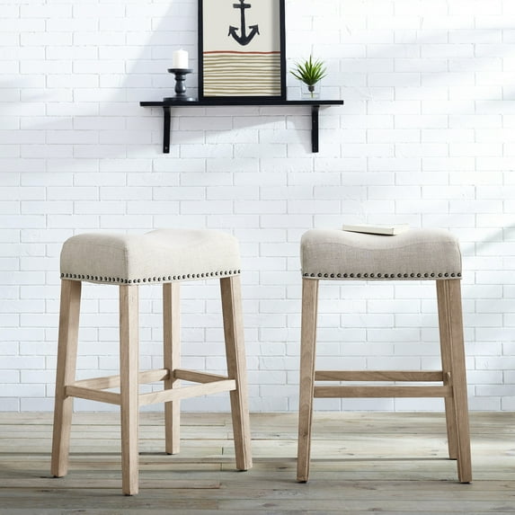Tan Upholstery / Home Bar Decor / 29" Saddle Stool Pair
