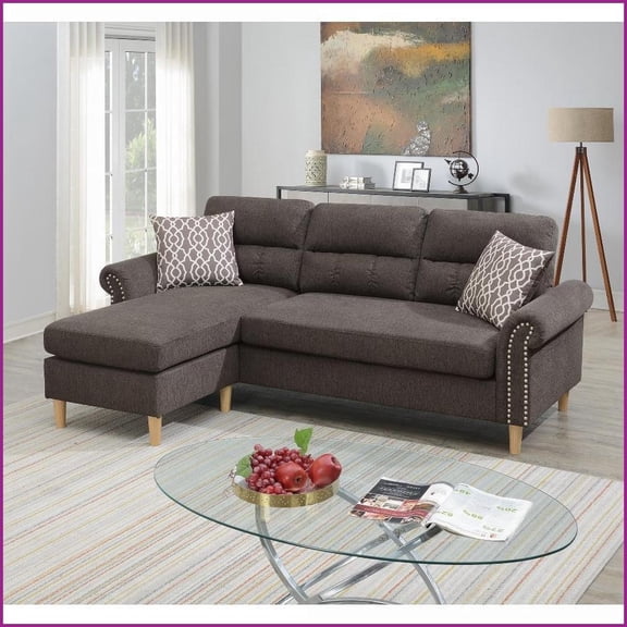 Tan Velvet Reversible Sectional Sofa with Plush Cushions & Pillows – 87” W Living Room Couch | Tan | Velvet | Round Arms