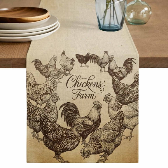 Tan Vintage Rooster Table Runner, Farmhouse Wooden Chickens Farm Washable Cotton Linen Table Runners 36 Inches Long, Dresser Scarf Runner for Nightstand/End Tables/Round Tables 13''x36''