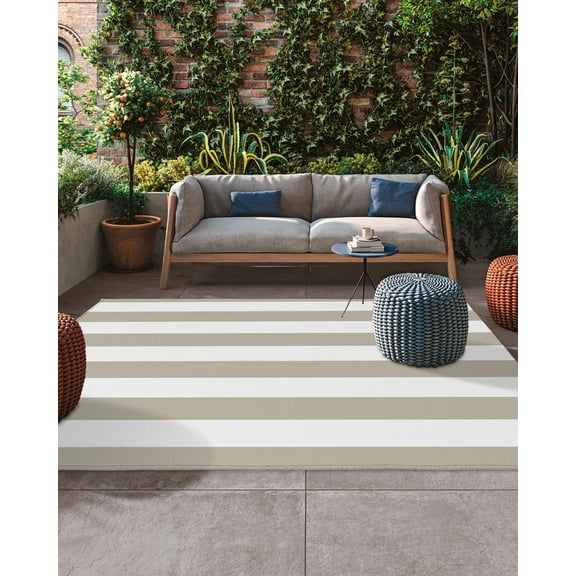 Tan And White Stripe Outdoor Rug, Brown Stripes Simple Large Outdoor Patio Area Rugs Non Slip Outside Floor Mat Washable Carpet for Backyard/Deck/Porch/Balcony, 4x6 ft