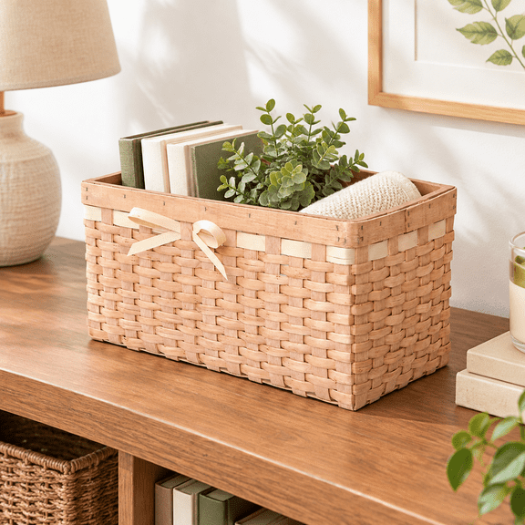 Tan Wicker Storage Basket, Square Wood Slice Woven Basket for Home and Gifting