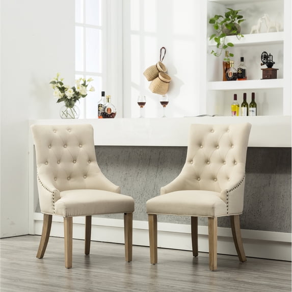 Tan Wingback Dining Chairs with Nail Heads / Add Natural Wood Grain