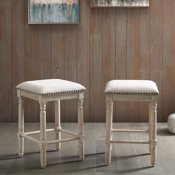 Tan Wood Counter Height Stools with Nailhead Trim / Stylish Seating for Countertops