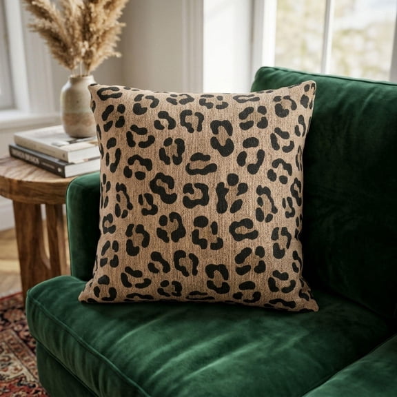 Tan and Black Leopard Spot Decorative Woven Pillow, Cotton-Polyester Shell, Animal Print Home Accent