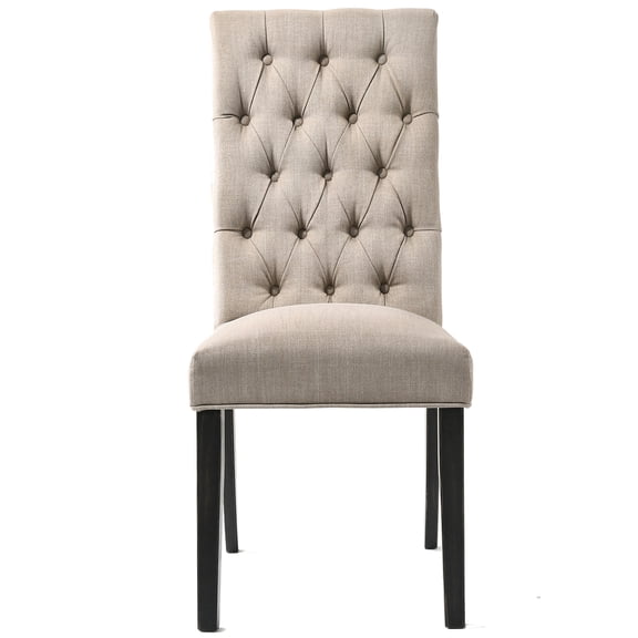 Tan and Black Linen Upholstered Parsons Dining Chairs, Set of 2, Button Tufted Back and Tapered Legs for Elegant Seating