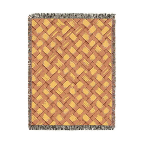 Tan and Brown Interlaced Basketry Woven Blanket, 100% Cotton, Rustic Bedroom and Living Room Accent