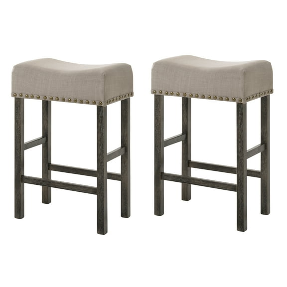 Tan and Weathered Grey Counter Height Stools (Set of 2) - Wood Tan - Tan Linen Upholstery Adds Elegance - Cozy Living Room