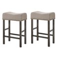 thumbnail image 1 of Tan Linen Counter Stools (Set of 2) - Weathered Gray Wood Legs - 26.5" High - Backless Kitchen Island Seating - Rustic Dining Room Furniture, 1 of 6