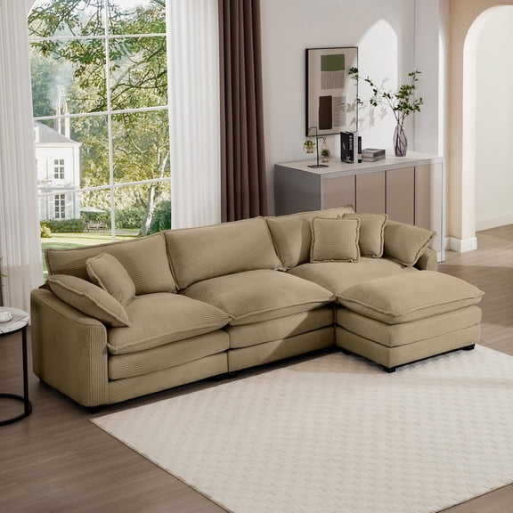 Tan corduroy L-shaped with ottoman / Adapts to various decor styles
