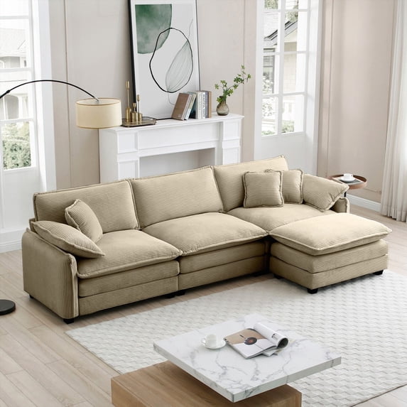 Modern L-shaped Sectional Sofa with Tan Corduroy and One Footrest (220×80×75cm)