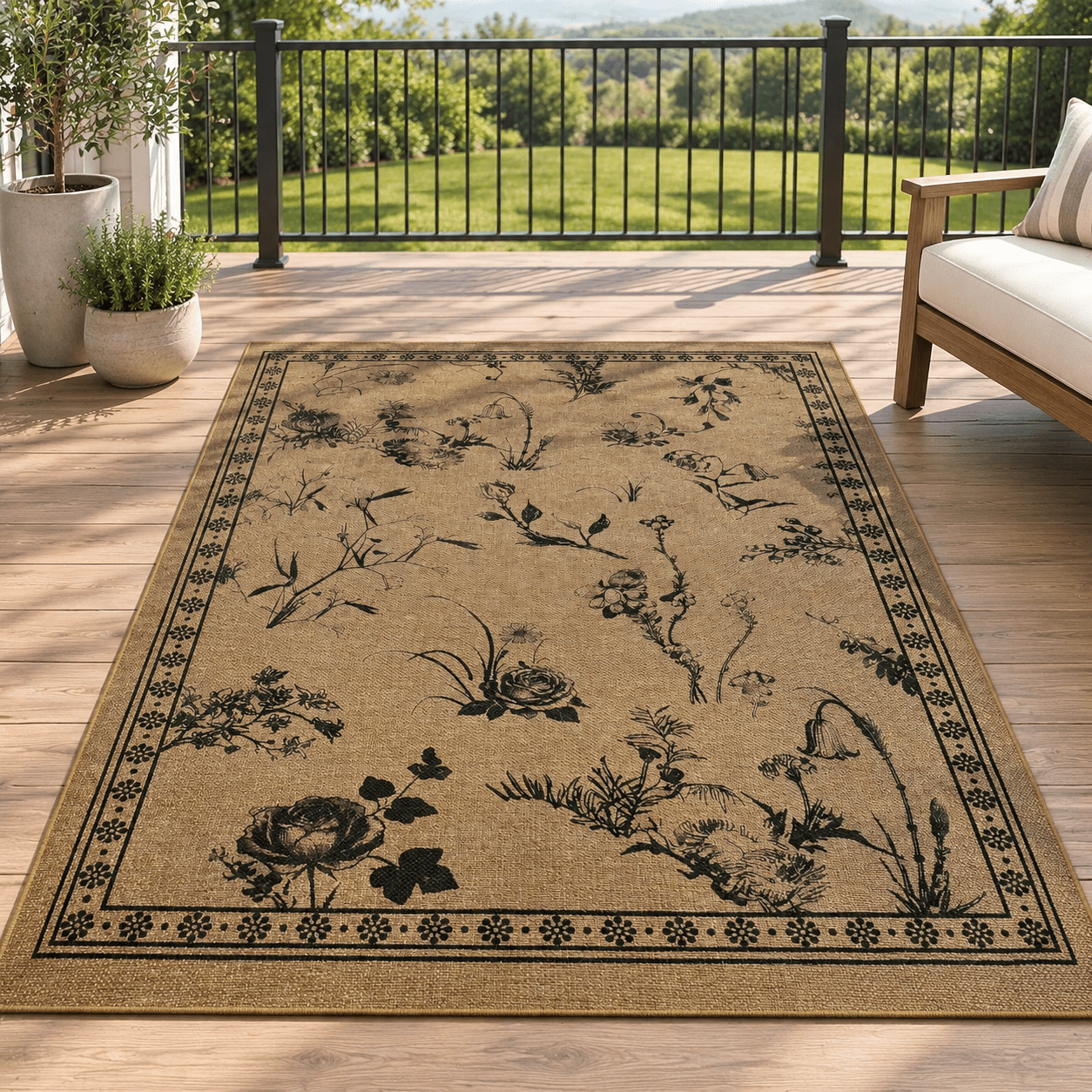 Tan-floral 6 Ft X 9 Ft Outdoor Rug, Jute-style Polyester Non-slip Patio ...