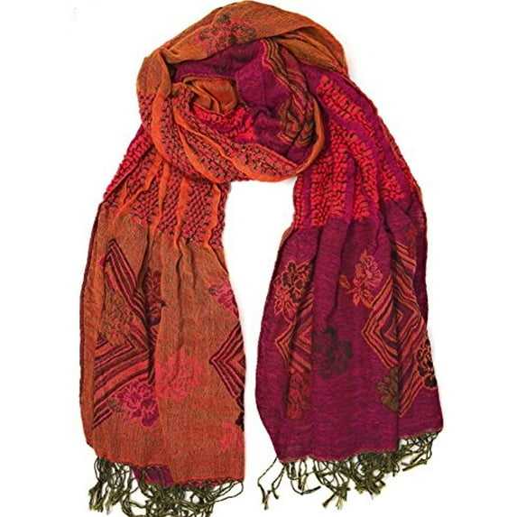 Tan's Pashmina Reversible Gathered Scarf Shawl Wrap - W09HY Hot Pink Rust