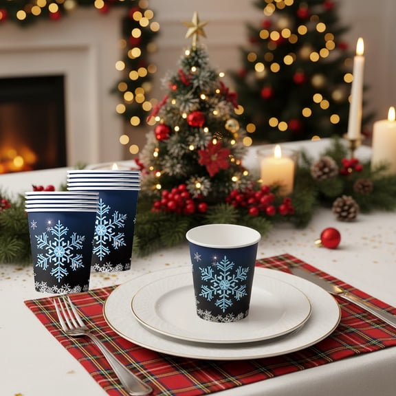TanSiDing 10pcs Snowflake Christmas Paper Cups Disposable Party Tableware Winter Holiday Theme Elegant Design for Festive Celebrations